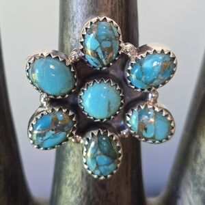 Southwestern Sterling Silver Flower Cluster Turquoise Adjustable Statement Ring
